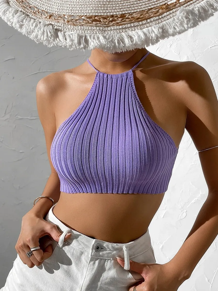 Womwen Summer Tie Backless Crop Halter Knit Top Crossfit Y2K Crop Top Clothes Femme Sexy Casual Drawstring Cropped Beach Tank