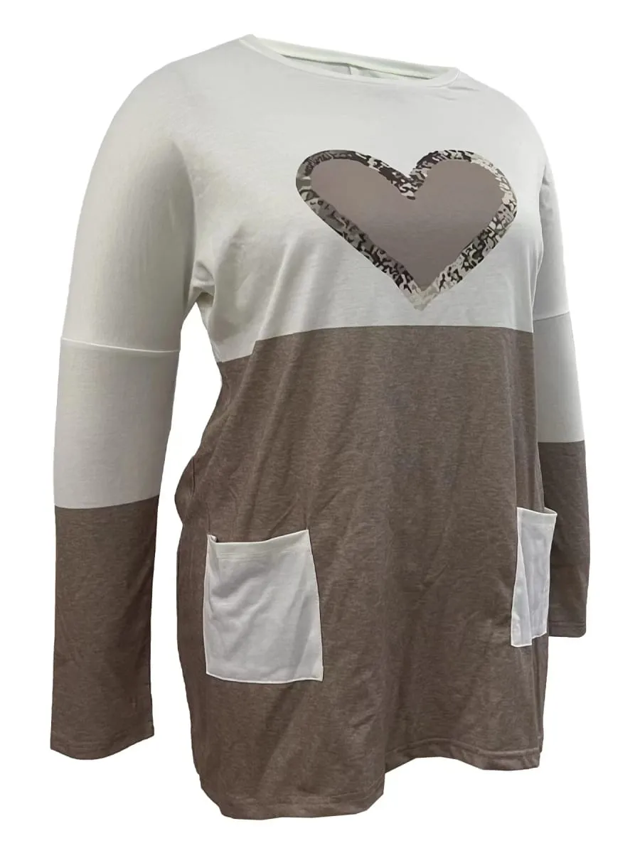 2024 Plus Size Europe And The United States Autumn Love Printed Round Neck Loose Color Contrast Long Sleeve T-Shirt Women — image 5