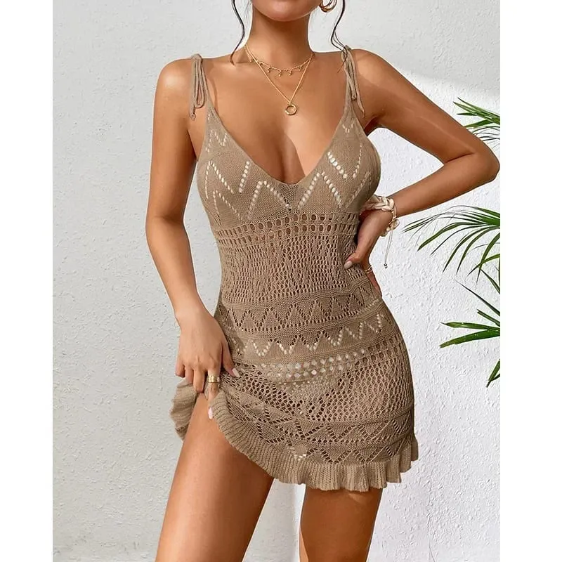 Dress Clothes Women Summer Solid Color Sleeveless Knitted Cover Up Backless Stylish Beach Dresses