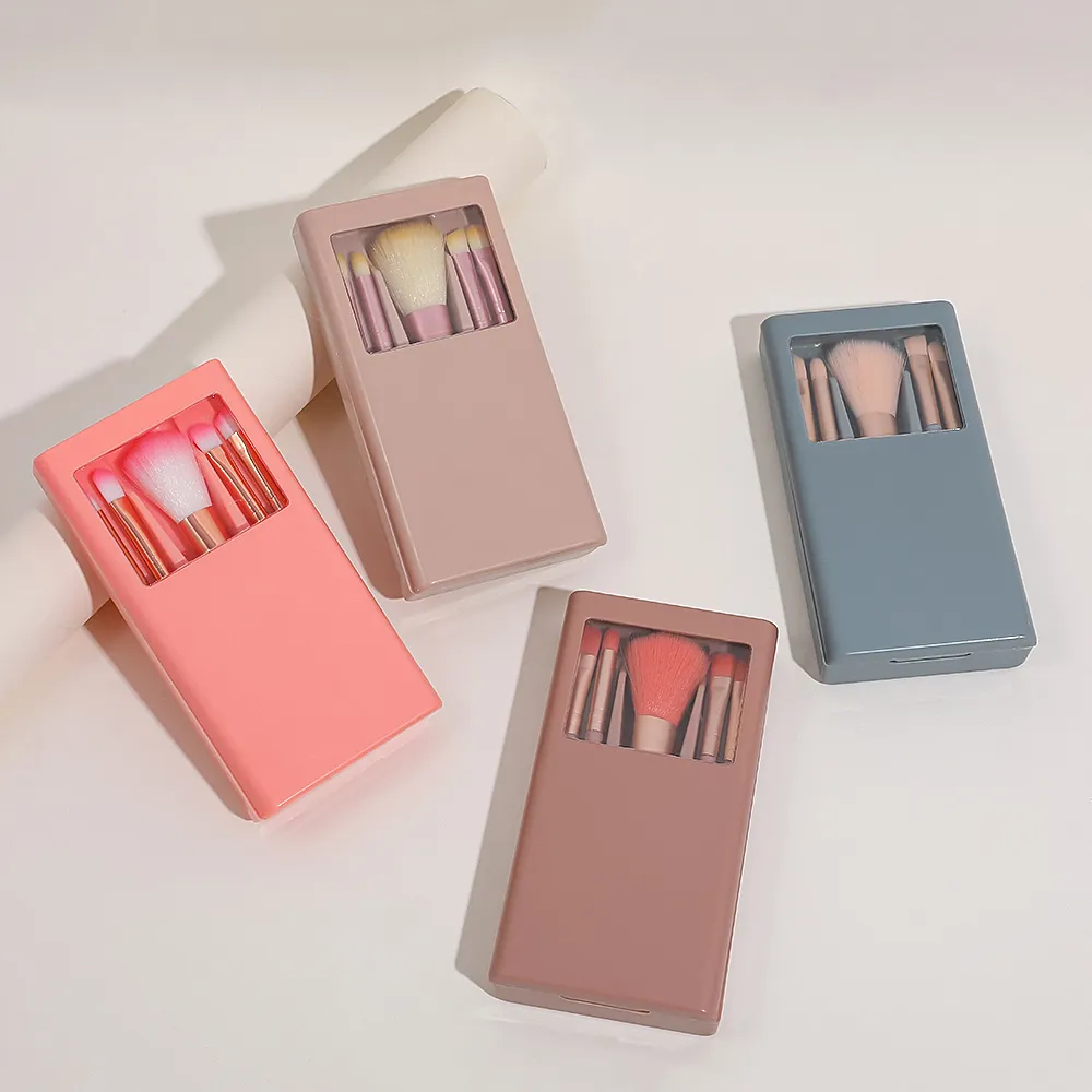Bærbart mini makeup børste sæt med spejl etui 5 stk rejse makeup børster til foundation øjenskygge concealer — image 2