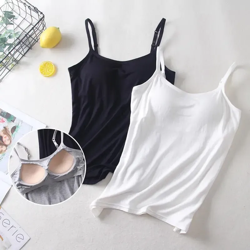 2020 Women Solid Tank Tops Adjustable Strap Built In Cup Padded Wireless Camisole Camis Vest Female Home Basic Tank Top