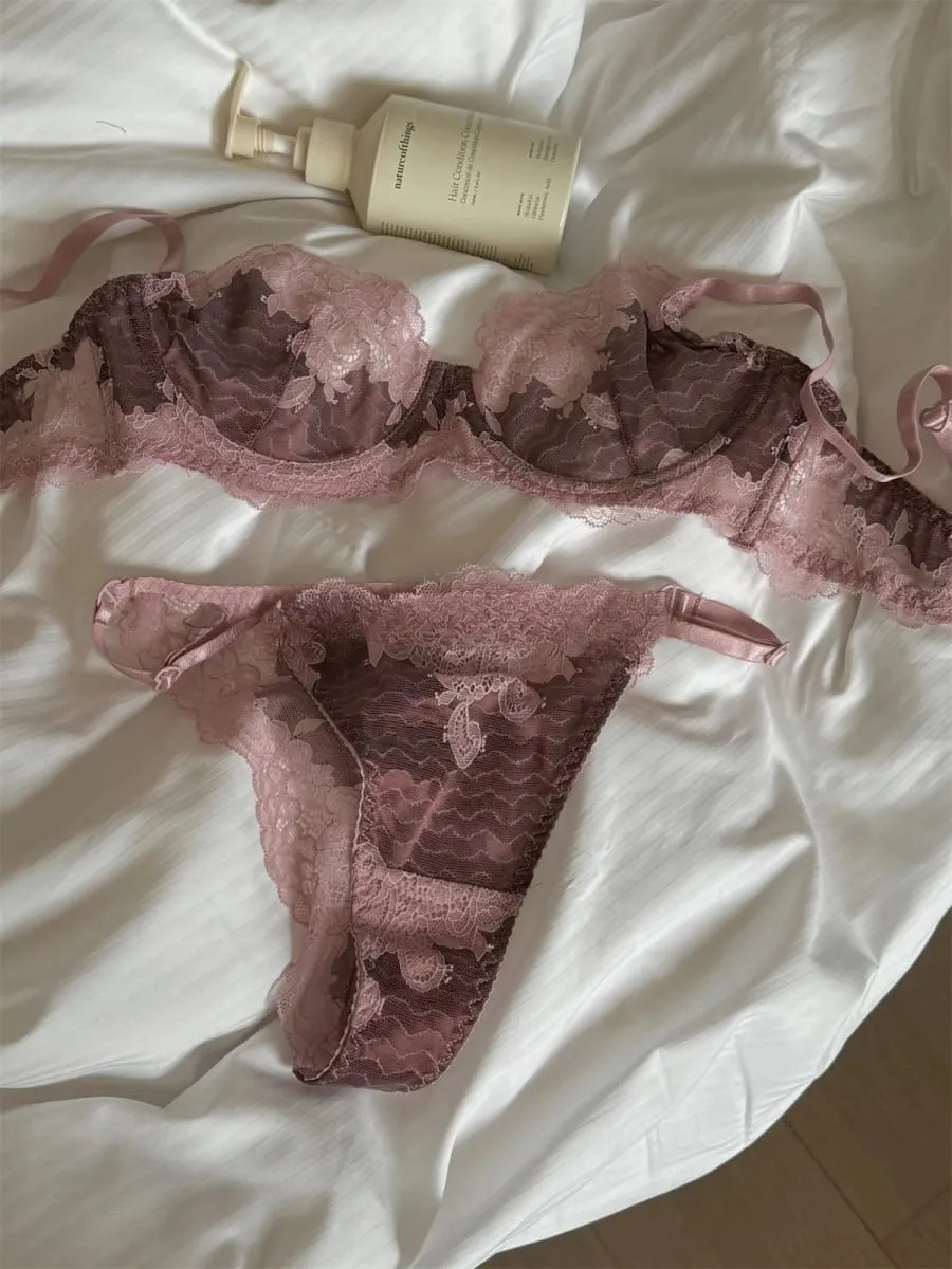 Lace girls underwear thin section glossy bra anti-sagging push up lingerie support large breasts show small bra set — image 3