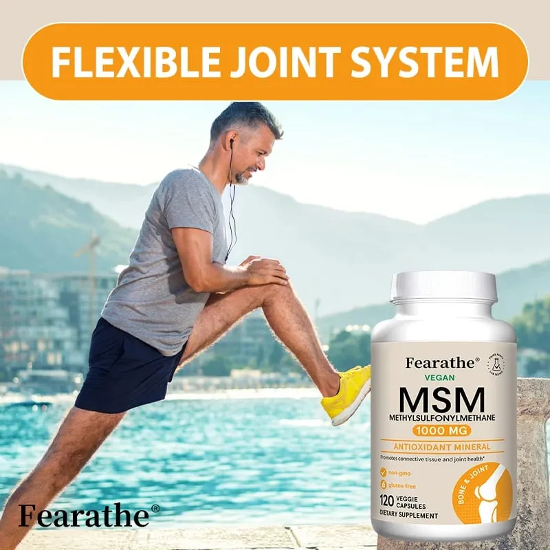 Fearathe Methylsulfonylmethane(MSM) 1000 مجم مضاد للأكسدة يعزز صحة المفاصل، امتصاص متوازن للكالسيوم، غير معدّل وراثيًا، خالي من الغلوتين