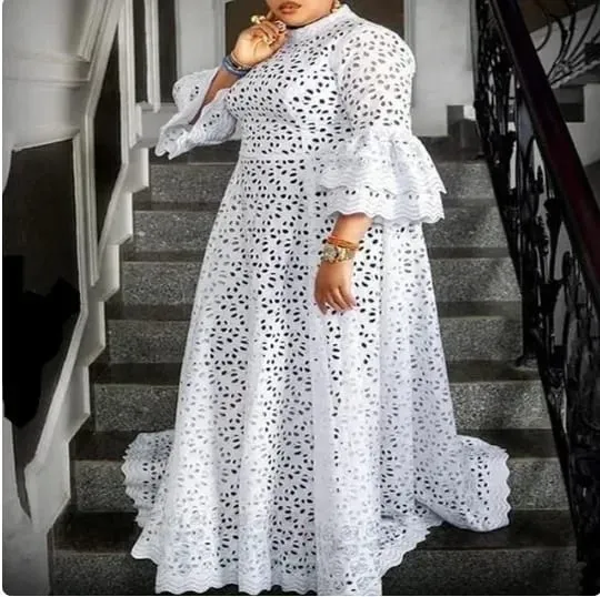 White Lace Dresses for Women Wedding Guests Elegant Turn Down Collar Puff Sleeves Pleated Hem Midi Dress Luxury Occasion Clothes — image 7