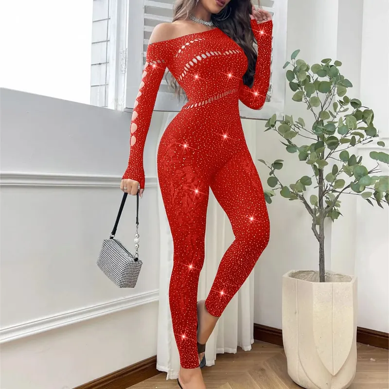 Combinaison Sexy en maille strass pour femmes, manches longues, transparente, bas de corps très extensibles, combinaison Club, grande taille, Stock Lingerie — image 10