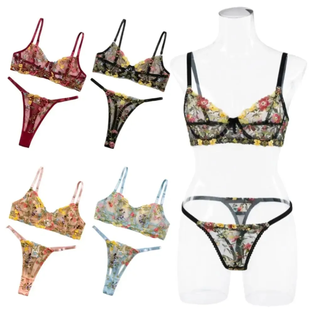 2-Piece Floral Lingerie Set Sheer Versatile Underwear Intimates Embroidery Underwire Push-up Bra Panty Set For Lady Girl — image 1