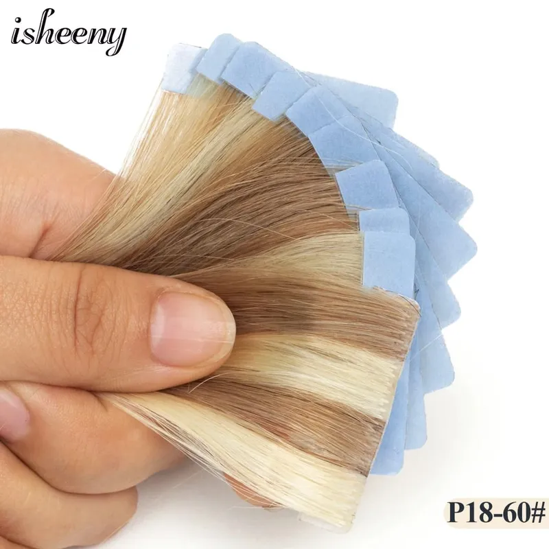 Isheeny Invisible Tape In Hair Extensions 12" 16" 20" Skin Weft Tape Ins 10ks Natural Straight Machine Made Remy Human Hair