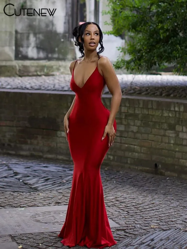 Nibber Red Shiny Spaghetti Strap Maxi Dress Women Solid Sexy Backless Ruched Cleavage Body-shaping Robe Lady Hipster Streetwear — image 3