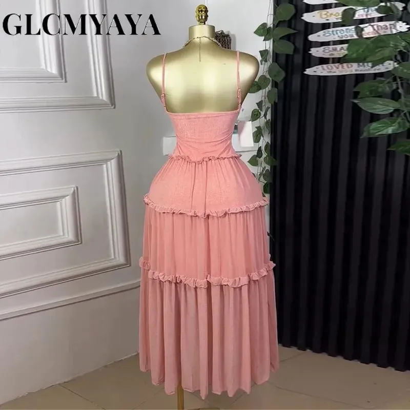 Women Strap Sleeveless Ruffles A-line Midi Maxi Long Dress 2025 Summer Beach Holiday Vacation Vestidos Dresses — image 6
