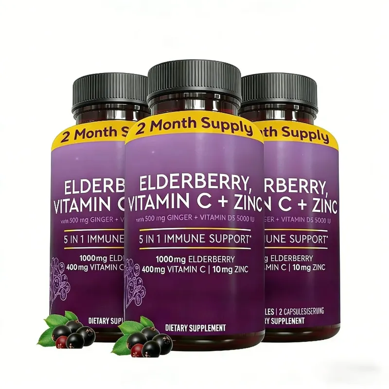 Cápsulas de sabugueiro com vitamina C, zinco D3, gengibre, sambucus, mistura de ervas de sabugueiro preto, suporte diário de bem-estar para adultos