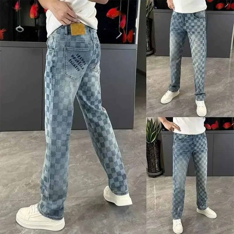 Spring Summer Checkered Jeans From Trendy Brand Versatile Men's Straight-leg high-end loose Casual Straight Stretch Pants — image 2