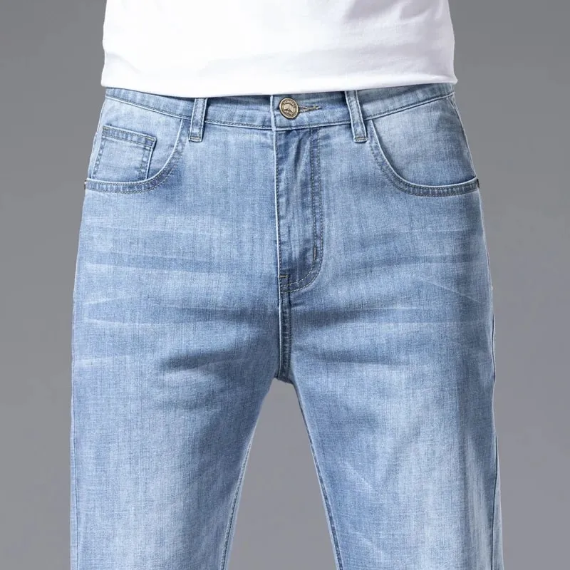 2024 Men's New Autumn Straight Casual Jeans Light Blue Classic Breathable Comfortable No Ironing Stretch Denim Trousers Male