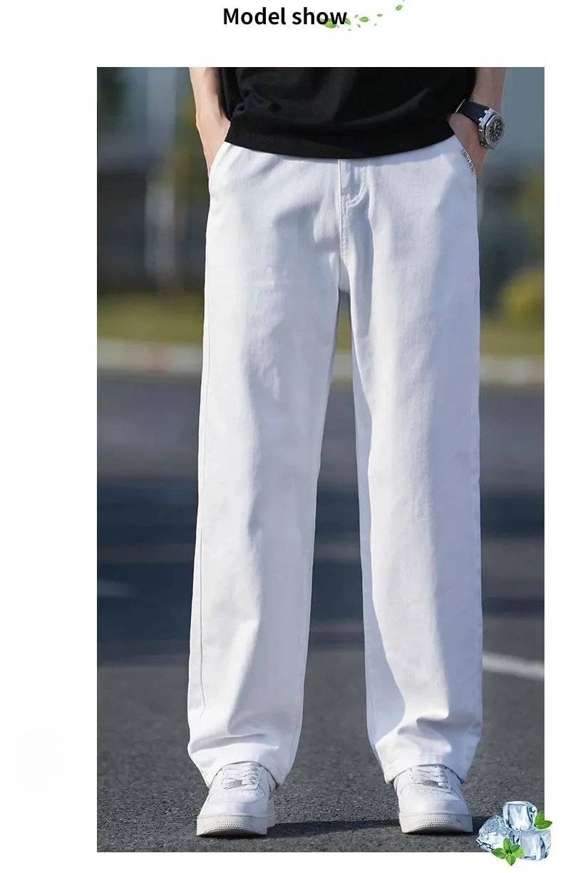 100%Cotton Fashion Loose Jeans Men's Spring Summer Thin Straight Washed Breathable White Denim Pants Casual Business Trousers
