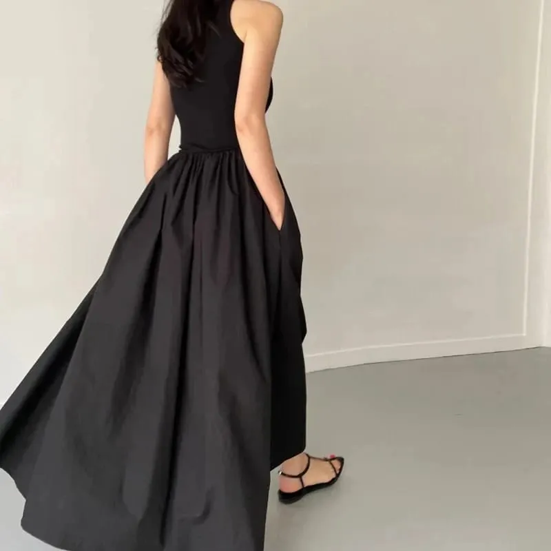 New Summer Simple Elegant Black Long Dresses For Women Round Neck Sleeveless High Waist Temperament Female Fashion Style Dress — image 6