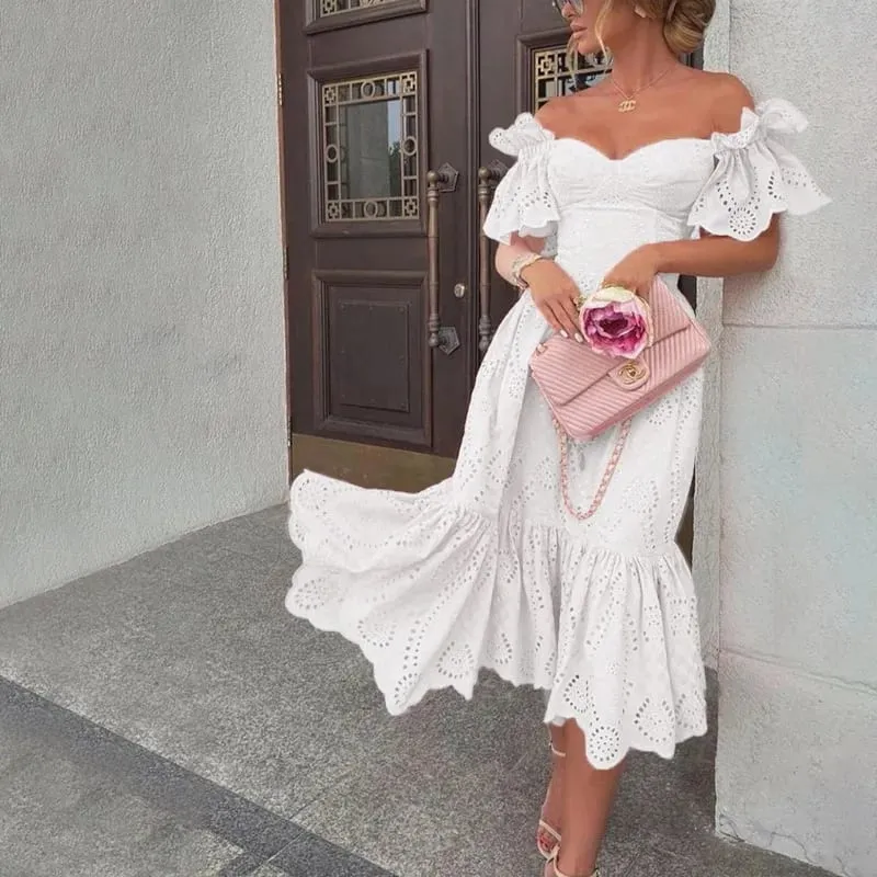 Dress Women Off Shoulder Mid Length Dresses Solid Dot Sexy Splice Tight High Waist V Neck A Line Elegant Slim Fit Vestidos
