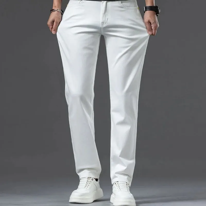 2024 New Men's Khaki White Cotton Stretch Slim Smart Jeans Casual Straight Business Fashion Beige Brand Denim Trousers — image 6