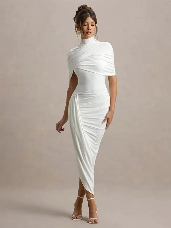 Irregular Pleated Ruched Maxi Dress Women's Backless Turtleneck Slim High Waist Robes Summer Lady Chic Street Vestidos 2025 New — image 8