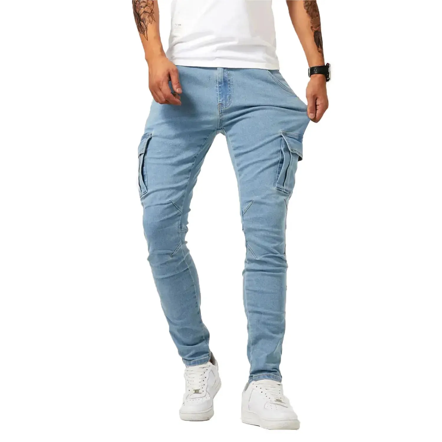 Men's street stretch denim jeans washed solid color multi pocket work pants casual slim fit daily wear jogging pants mid wa — image 5