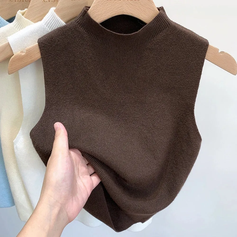 Women's Vest Tank Top Solid Color Knitted Tees Cropped Camisole Sweater Half-turtleneck Spring Autumn Sleeveless топ женский — image 11