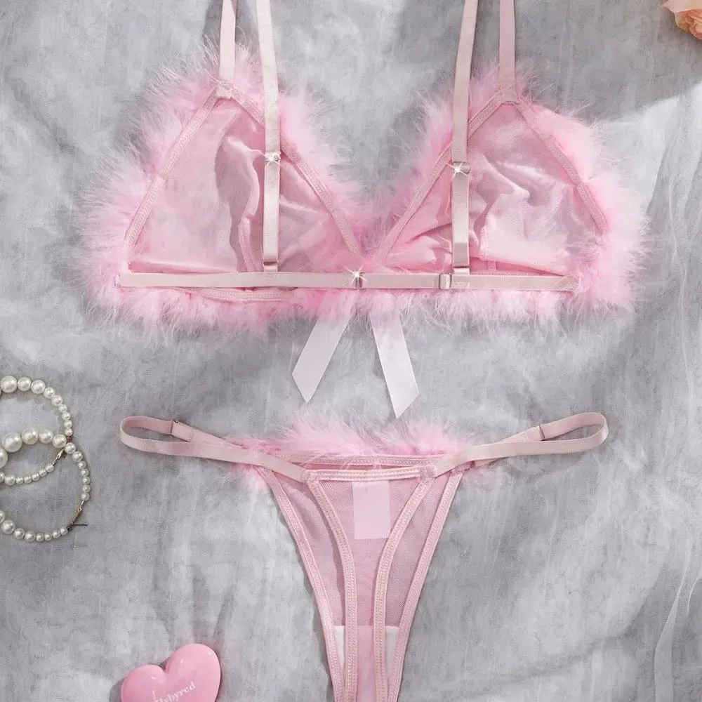Furry Women's Underwear Mesh Transparent Bow Decor Lingerie Set Wireless Romantic Intimate Bra Panties Suit Anniversary — image 4