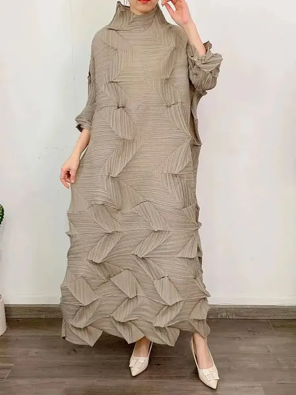 Pleated Maxi Dress For Women Turtleneck Solid Color Loose Style Female Fashion Clothing 2025 Spring Summer New 2DA3596 — image 12