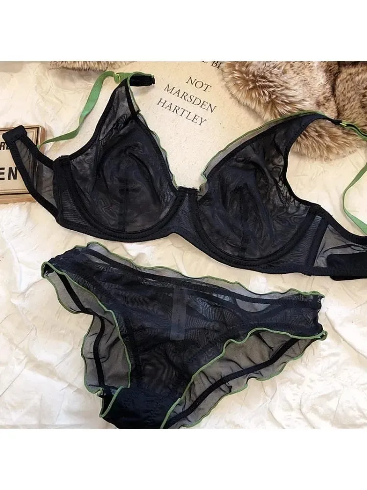 Sexy French Mesh Bra Panty Set Ultra Thin Underwire Push Up Minimizer Lingerie Support Triangle Cup for Large Chest Small Look — image 3