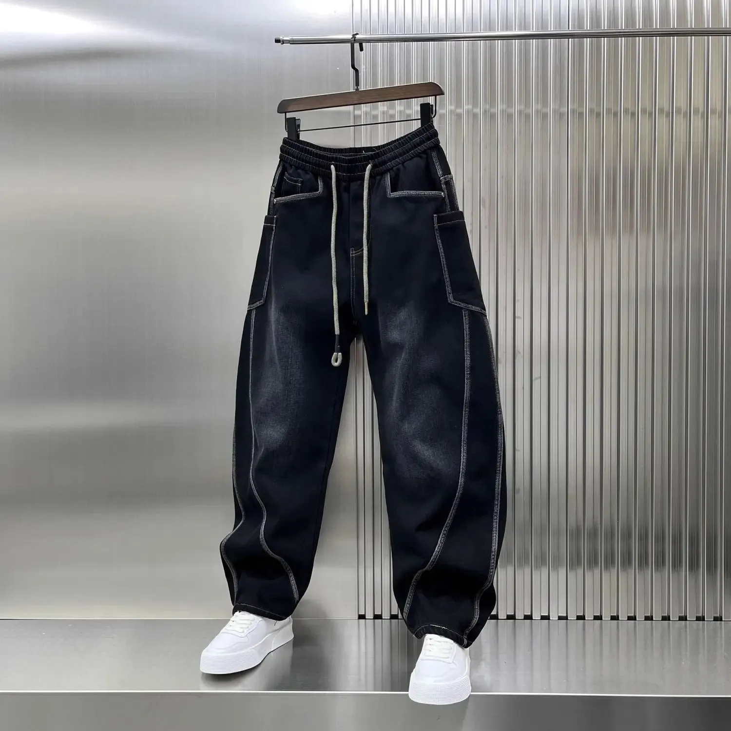 Spring Autumn 2025 New Splicing Cutting Elastic Waist Large Size Boys Washed Loose Wide Leg Big Pocket Scimitar Drawstring Jeans — image 4
