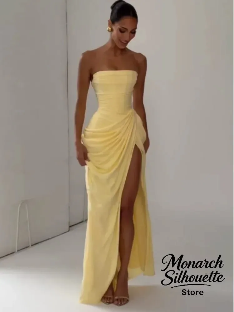 Gaun Panjang Berlipat Tanpa Tali Kuning Elegan Gaun Split Cinching Pinggang Tanpa Lengan Solid Chic Wanita 2026 Jubah Pesta Malam Wanita