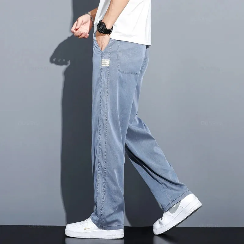 Summer Thin Soft Lyocell Fabric Jeans Men Loose Straight Wide Leg Pants Drawstring Elastic Waist Casual Trousers Plus Size M-5XL — image 4