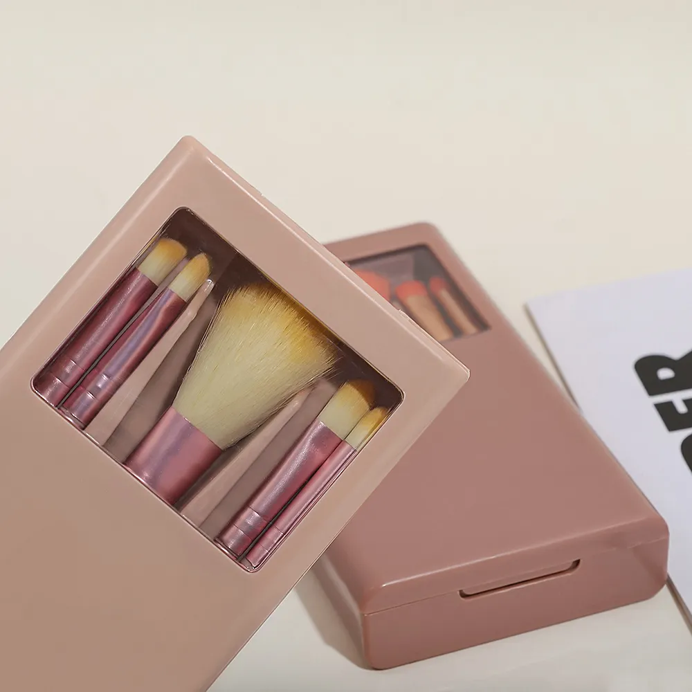 Bærbart mini makeup børste sæt med spejl etui 5 stk rejse makeup børster til foundation øjenskygge concealer — image 6