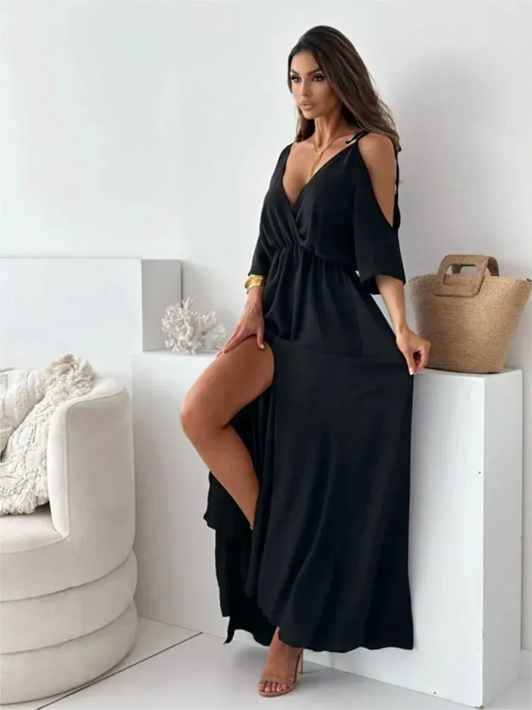 ฤดูร้อน V คอกระโปรง Slit Dress Off-ไหล่เซ็กซี่สปาเก็ตตี้ชุดเดรสแฟชั่น Elegant หลวม Beach Dresses Robe femme