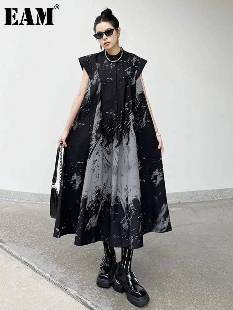 [EAM] Women Black Pattern Printed Big Size Midi Shirt Dress New Stand Collar Sleeveless Fashion Tide Spring Summer 2026 1DH5837