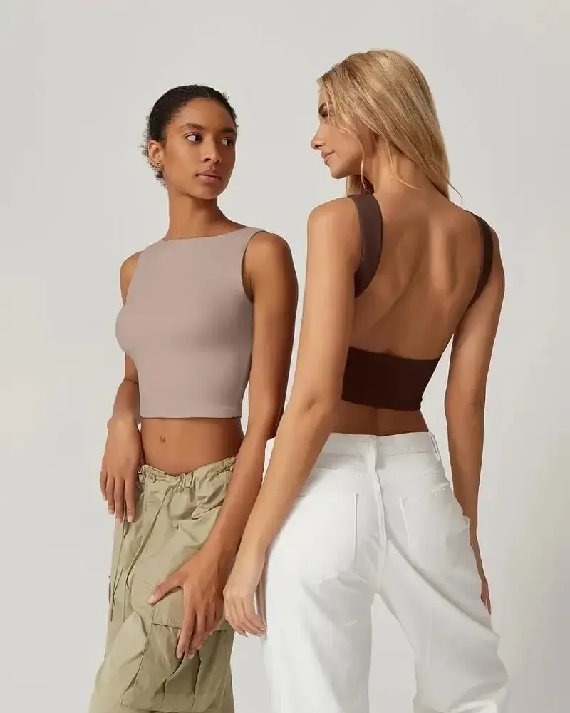 Sexy Open Back Sleeveless Crop Tank High Neck Slim Fit Cropped Tee Shirt Y2k Tops Women Casual Fit Boat Neck Comfy Solid Shirt — image 2