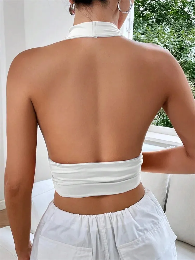 Sleeveless Backless Deep V-neck Halter Top Women Summer 2024 Club Party Sexy Solid Color Crop Tops Streetwear Y2K Clothes — image 5