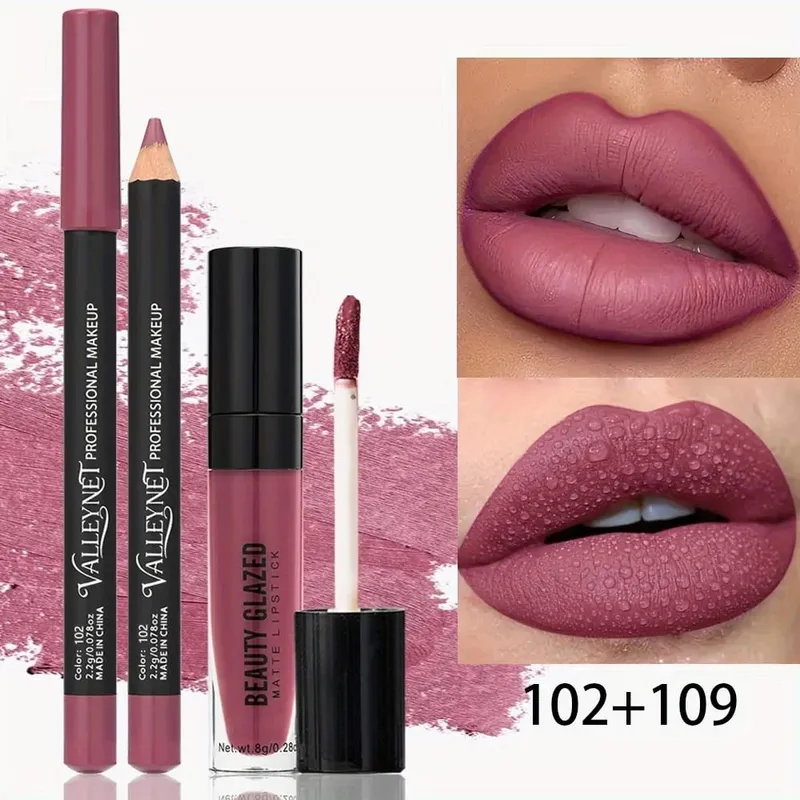 2pcs Wooden Lipstick Pens with 1pc Matte Lip Gloss Set Long-Lasting Resistant Waterproof Ideal Beauty Products for Gifting.