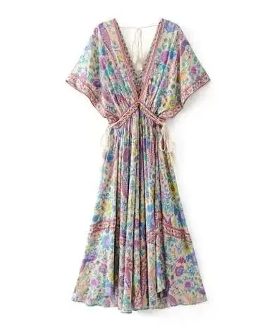 Boho Queens Women Peacock Květinový potisk Netopýří rukáv Plážové Bohémské Maxi šaty Dámské Letní šaty s výstřihem do V Letní šaty Vestidos