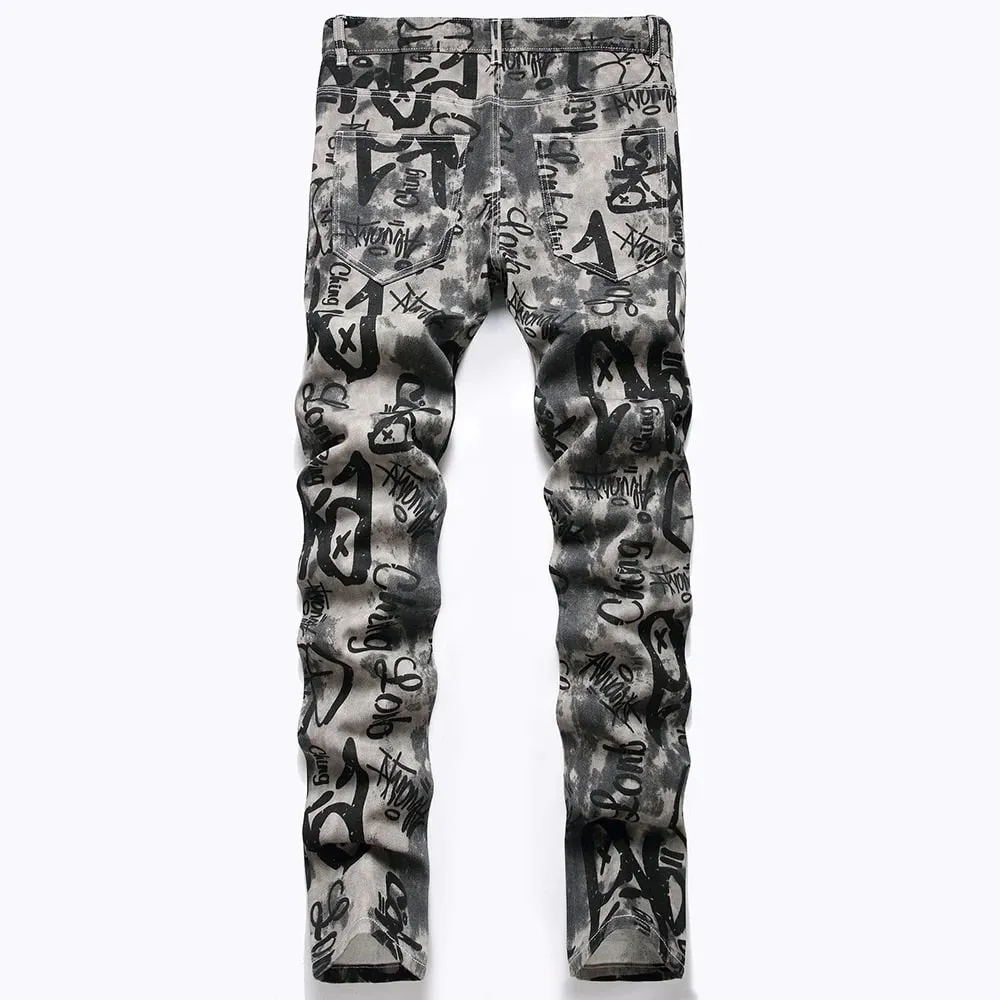 Men Graffiti Print Jeans Fashion Painted Stretch Cotton Denim Pants Slim Straight Trousers — image 2