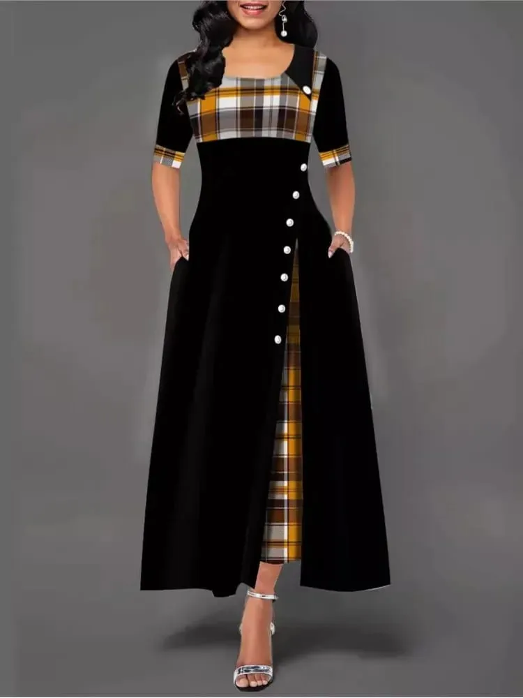 Women's Irregular Lattice Patchwork Long Dresses Vintage Buttons O Neck Half Sleeves Casual Lady Commuting Dress Fashion — image 2