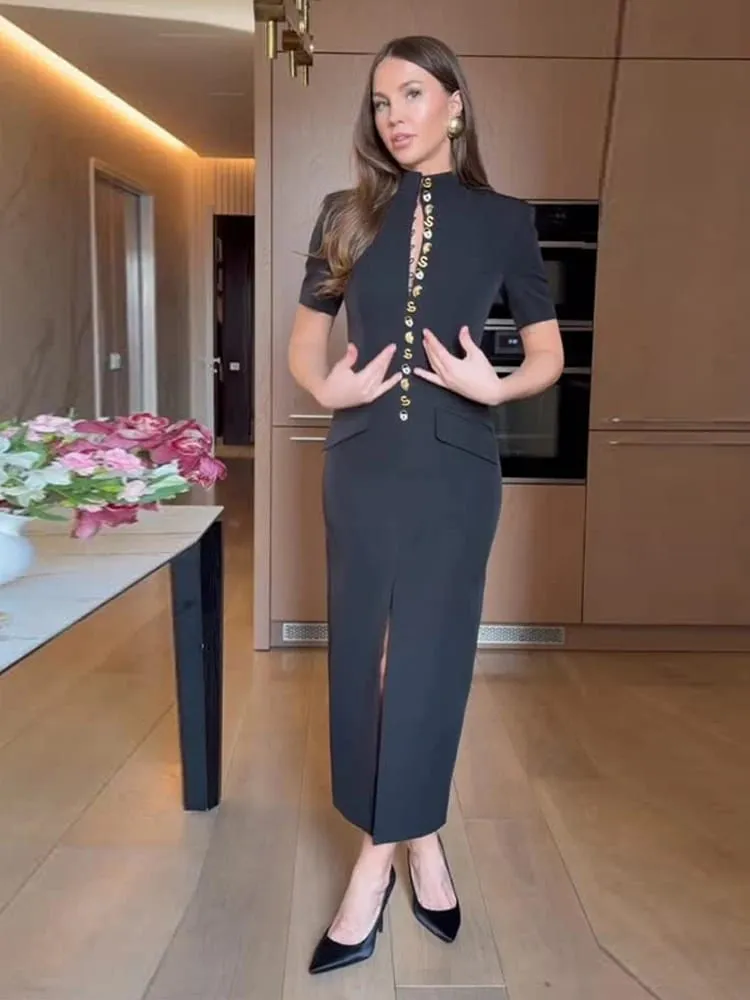 우아한 여성 드레스 v-목 짧은 소매 싱글 브레스트 솔리드 여성 긴 드레스 2026 여름 패션 섹시한 새로운 세련된 레이디 가운 — image 2
