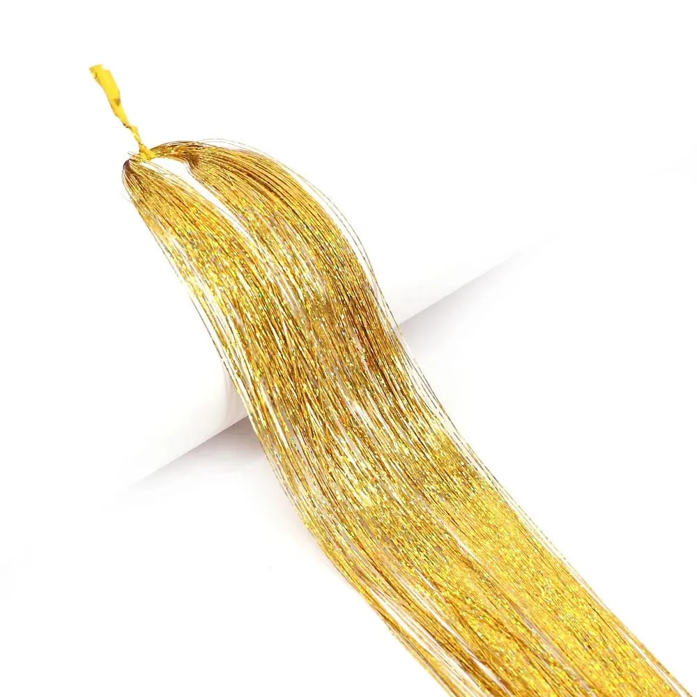 Long Sparkle Shiny Hair Tinsel Rainbow Silk Hair Extensions Dazzles Women Hippie For Braiding Headdress 120Strands/bag — image 8