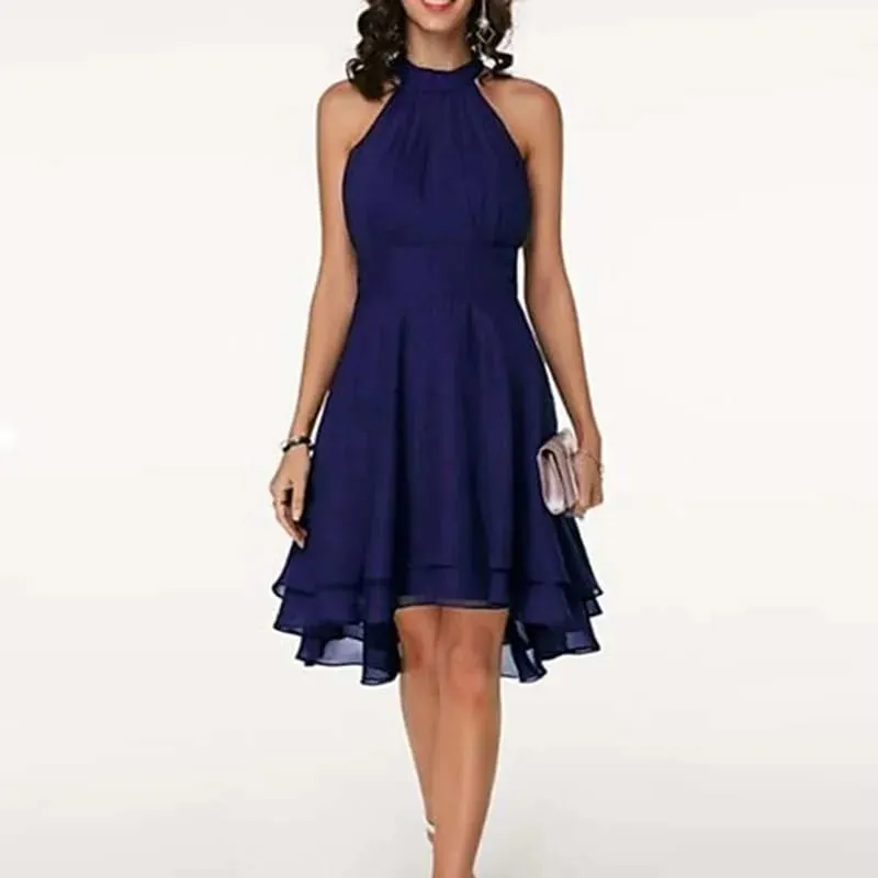 Abito elegante da donna Abito estivo solido a vita alta senza maniche con scollo all'americana Abiti longuette da donna in chiffon a strati ritagliati — image 13