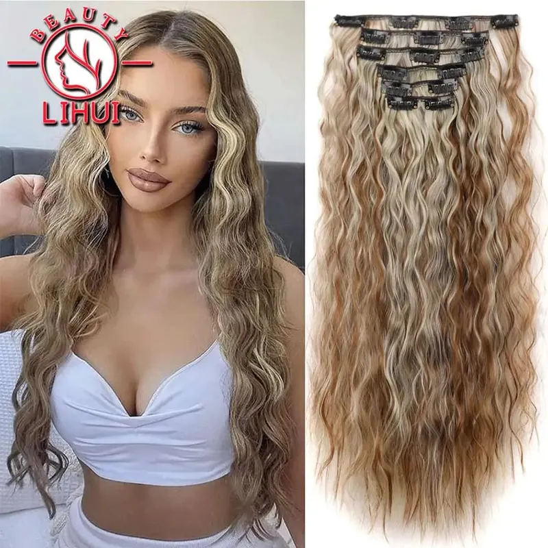 Long Curl Wave Clip In Hair Extensions 6Pcs/Set 16 Clips High Tempreture Synthetic Hairpiece Clip In Hair Extensions 24Inch — image 2