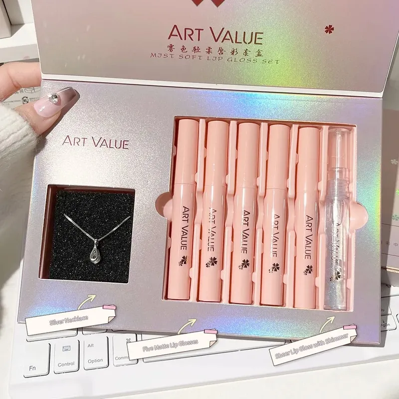ART VALUE Lips Makeup Sets Include 5 Matte Liquid Lipstick And 1 Lip Balm Oil Nourishing Glitter Lipgloss With Necklace Gift