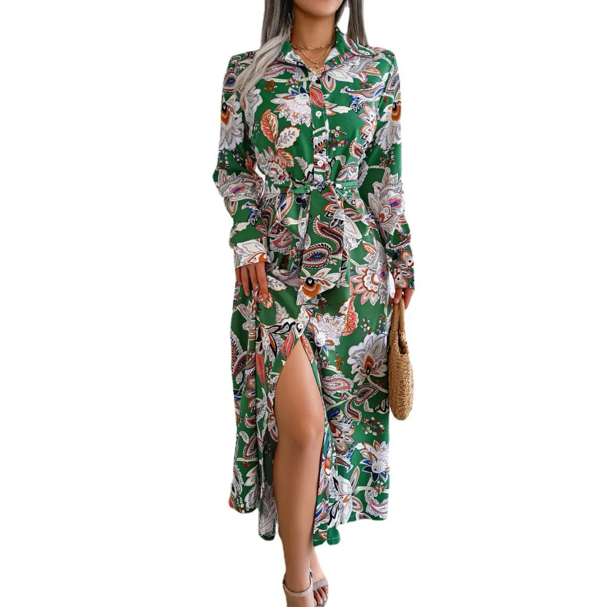 Ficusrong Women Spring Summer Retro Floral Collar Long Sleeve Tie Up Shirt Dress For Ladies Fashion All Match Print Dresses