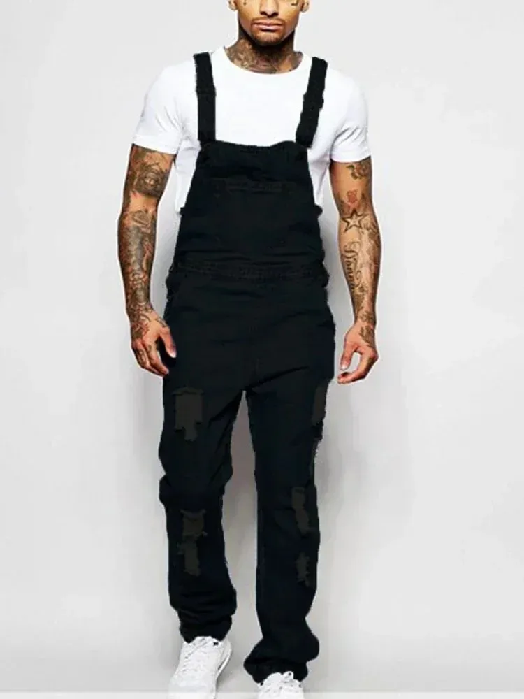 Men Jeans Overalls Ankle Length Denim One Piece Pencil Pants Mid Waist Slim Fit Pockets Safari Jumpsuits Solid Washing Cargo — image 5