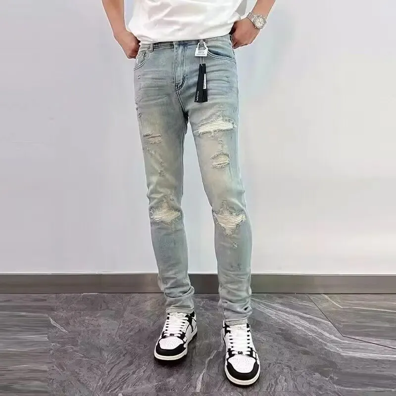 Fashionable Luxury Clothing Ripped Distressed Retro Spring and Autumn Denim Jeans for Men Slim Fit Casual Pants Cotton Trousers — image 6