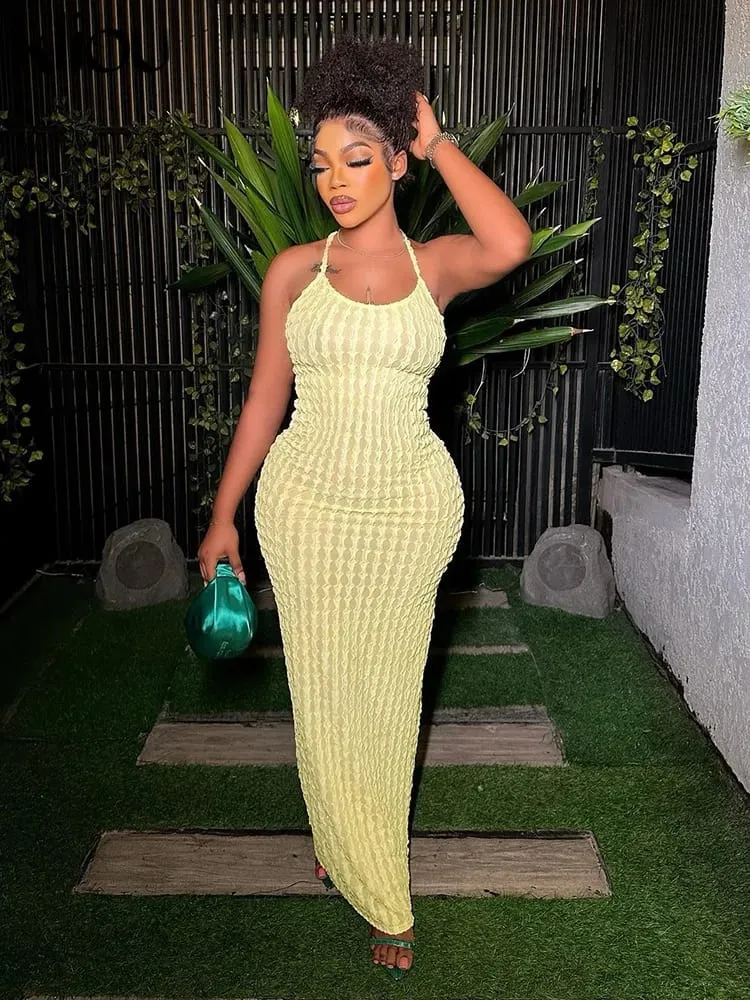 Kliou Solid Ruched Spaghetti Strap Bandage Maxi Dress Women Casual Sleeveless Backless Bodycon Ladies Party Streetwear Dresses — image 3