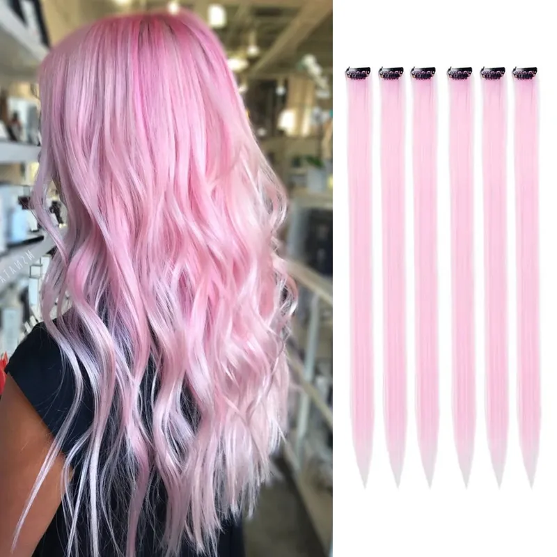 6pcs/pack Colored Party Highlights Clip in Hair Extensions for Girls 22 inches Multi-colors Straight Hair Synthetic Hairpieces