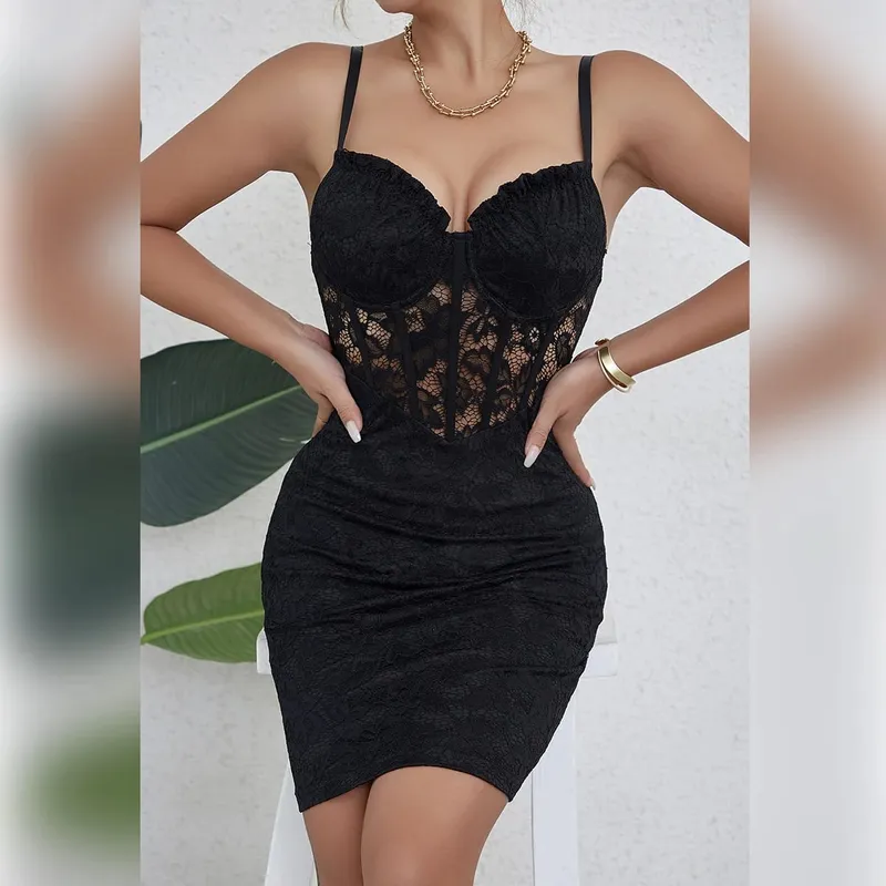 Preto sem mangas sem costas 2024 y2k saia colheita floral renda sexy malha transparente ver através de decote em v bodycon vestido de festa hotsweet