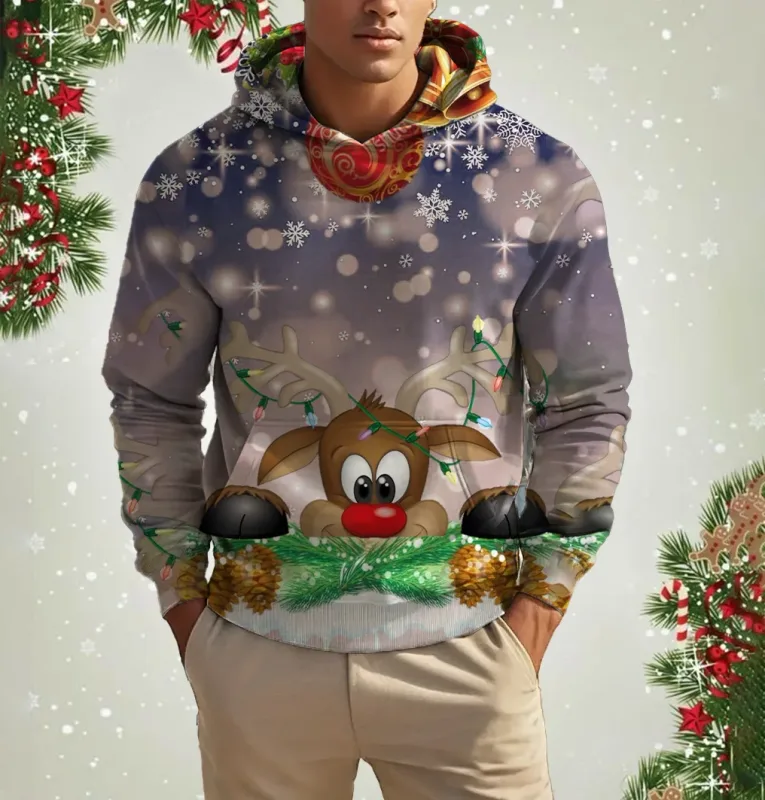 Men's Christmas Reindeer Print Hoodie Animal Cartoon Pattern Sweatshirt Casual Cute Polyester Spandex Blended Hooded Sweatshirt